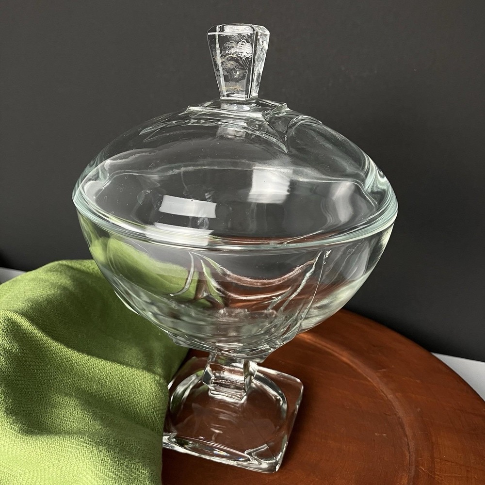 VTG Hazel Atlas Colony Clear Square Footed Glass Candy Dish Preserve Bowl w/ Lid